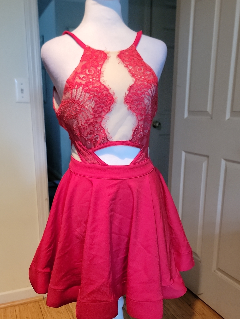 Red Lace Halter Cutout Skater Dress